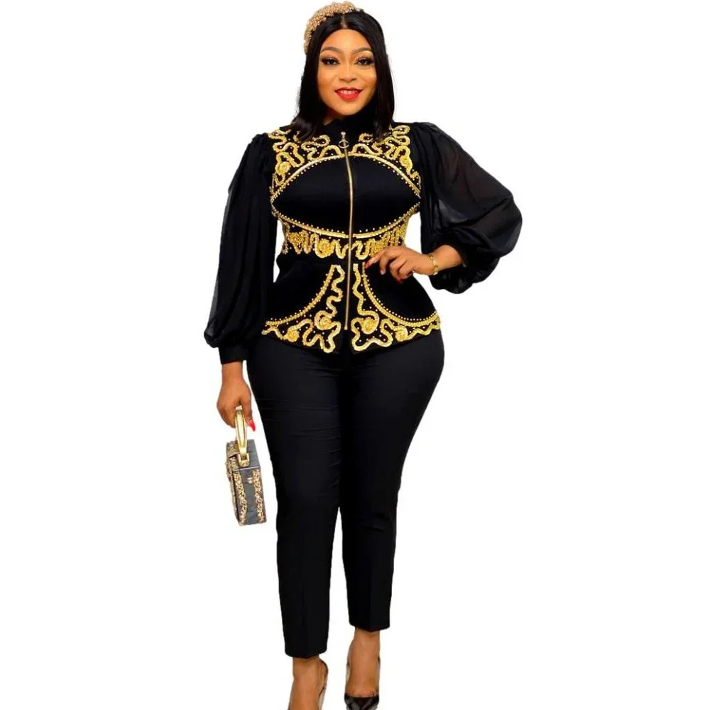 2 piece Embroidery & Stones Black Pants Set
